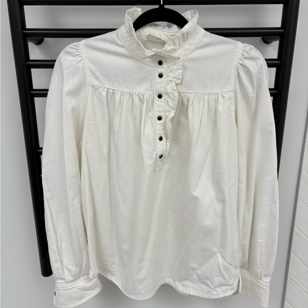ba&sh Ivory Ruffle Front Button Long Sleeve Blouse